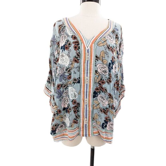 Democracy Women Long Sleeve V-Neck Floral Print Kimono Blouse Blue Size 2X - Picture 3 of 12